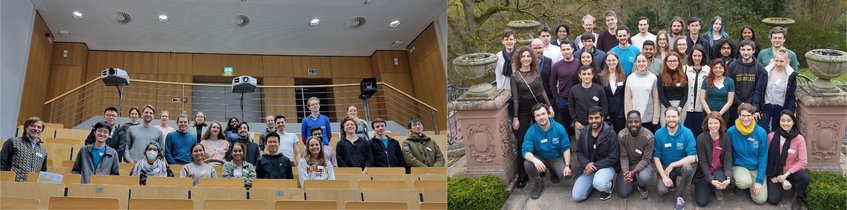 Group photos of the students taken at two locations: lecture hall at the University of Göttingen and at the Heidelberg Institute for Theoretical Studies