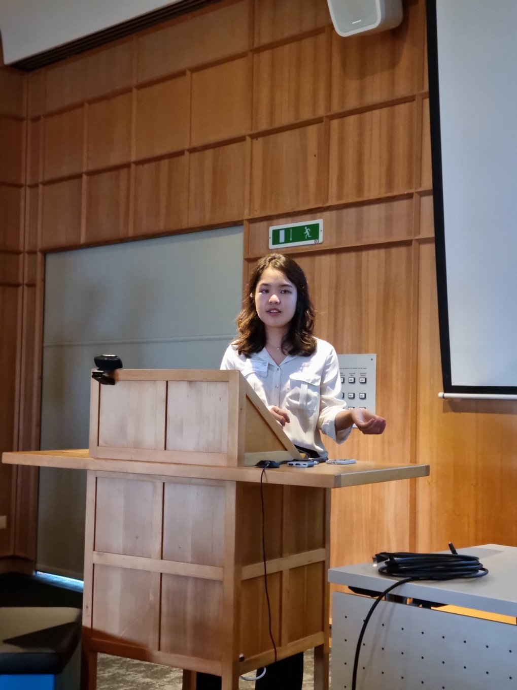 Ailene Chan from the Croucher Foundation gives a lecture and emphasizes her words with gestures.