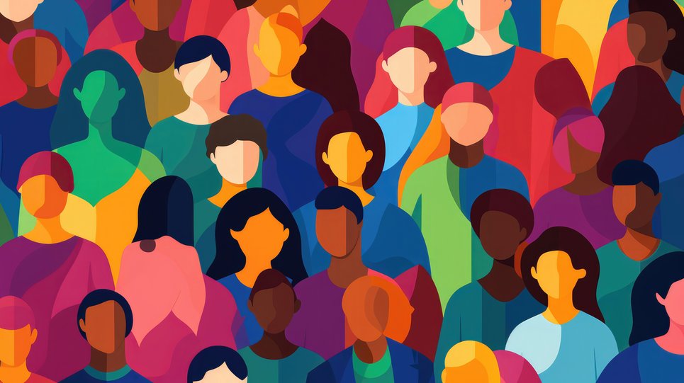 Comic of many people without faces, who are all colorful
