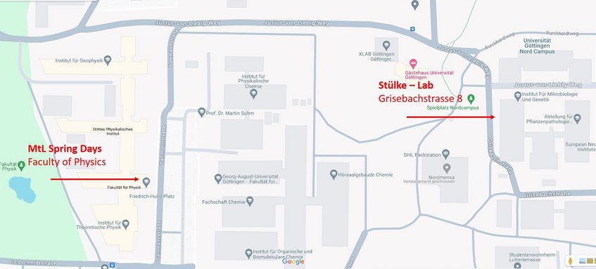 Map with directions to the Matter to Life Spring Days Venue and Lab of MtL Fellow Prof. Stülke at the University Campus in Göttingen