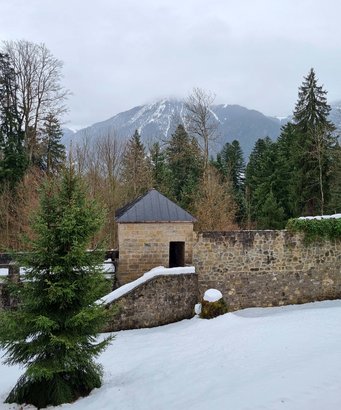 Science at a Winter Wonderland! Castle wall of Ringberg Castle, in a snowy mountain landscape