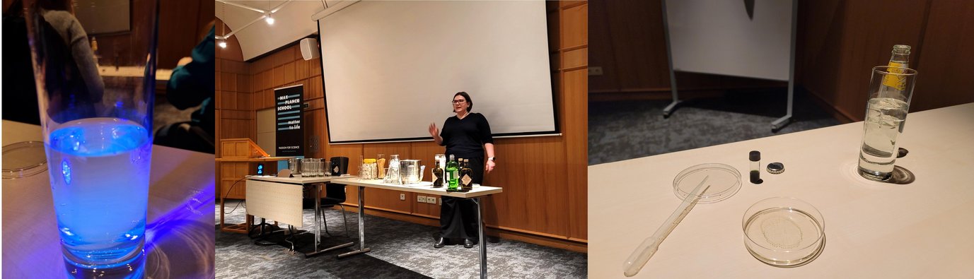 Three pictures taken during the lecture about the physics of gin: On the left a clear half-filled glass, illuminated by an UV light that creates a vivid glow within the liquid. The picture in the middle shows the speaker Anne Pawsey. On the right, you can see a petri dish with a thin layer of sunflower oil. After ethanol was added, there is a pattern forming as the ethanol evaporates, before shrinking back and breaking into droplets