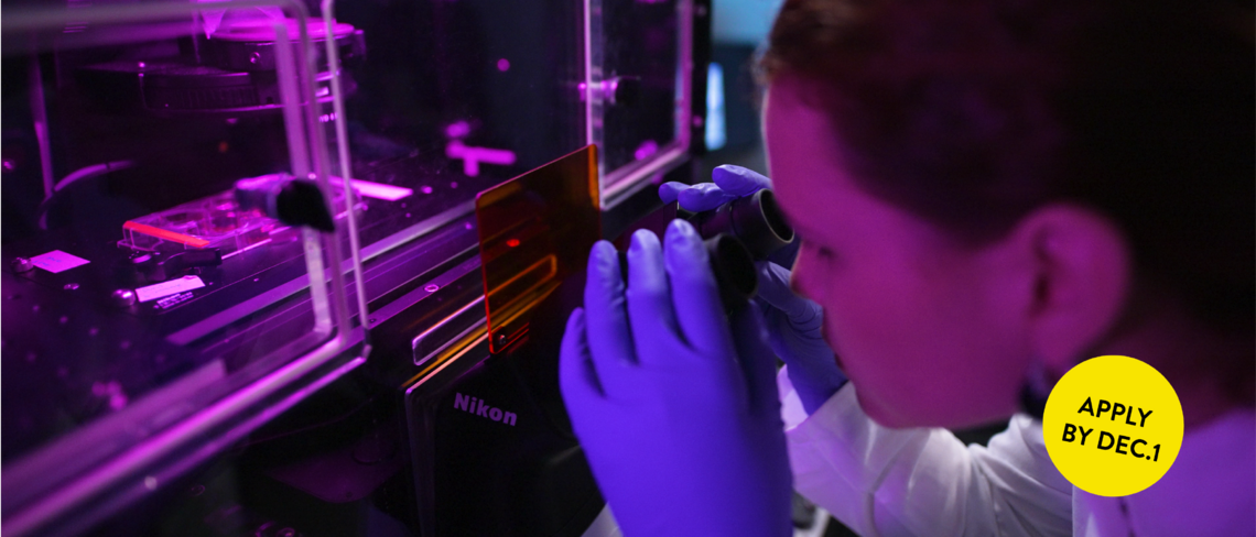 Studentin im Labor betrachtet eine Probe unter dem Mikroskop – Teil des Integrierten MSc/PHD Programms der Max Planck School Matter to Life. Im Eck rechts unten befindet sich ein gelber Button in dem „Apply by Dec. 1st“ steht.