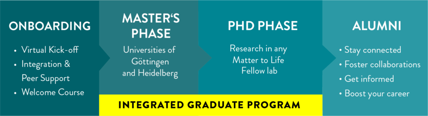 Infographic showing the stages of the Integrated Graduate Program at Max Planck School Matter to Life: Onboarding with virtual kickoff and peer support, Master's phase at the Universities of Göttingen and Heidelberg, PhD research in Matter to Life labs, and Alumni engagement for collaboration and career development.