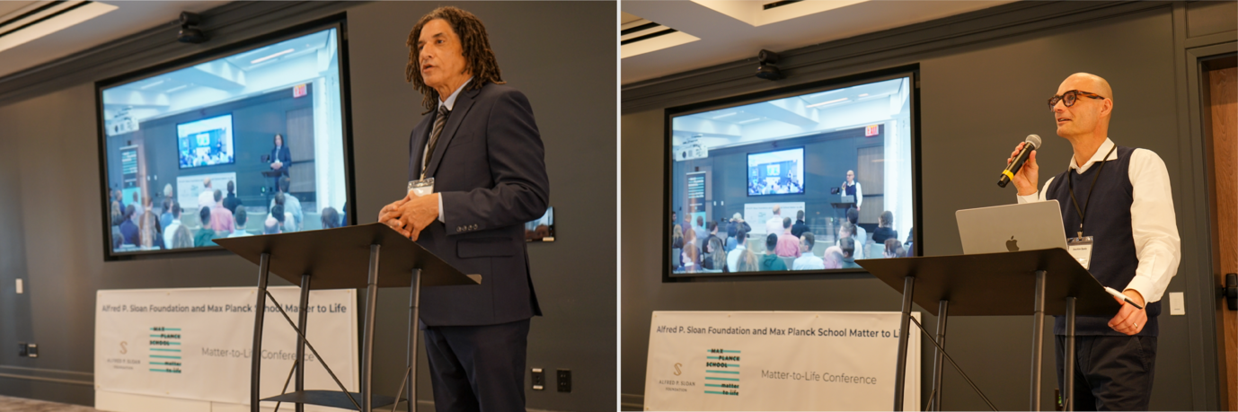 Earnie Glover and Joachim Spatz speak at the "Matter to Life Conference," both holding a microphone at a podium, with a presentation screen and audience in the background
