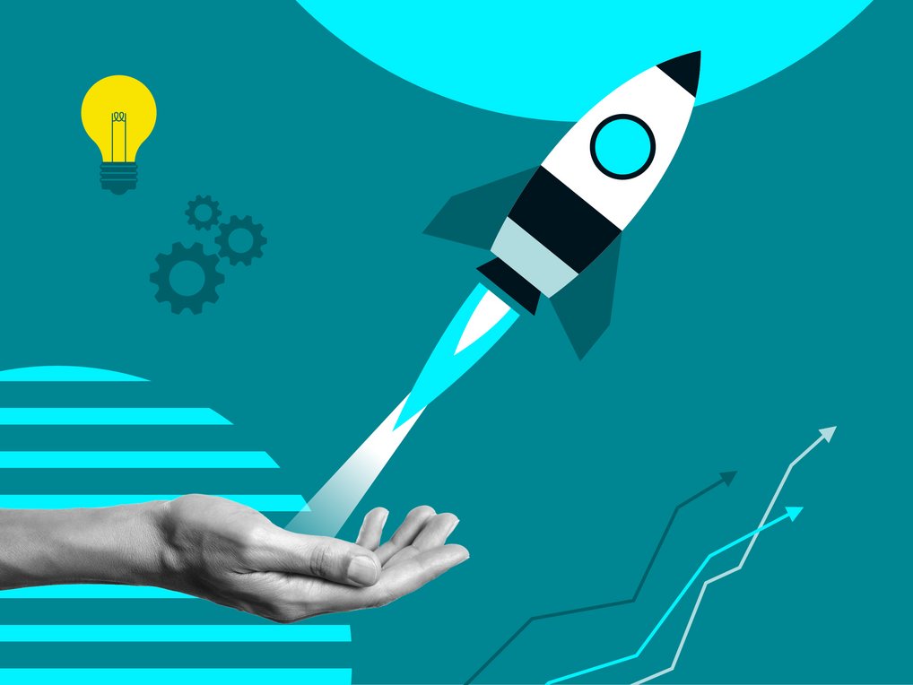 Hand cradles a rising rocket, symbolizing support for innovation. Nearby are gears and a lightbulb, indicating ideas and progress.