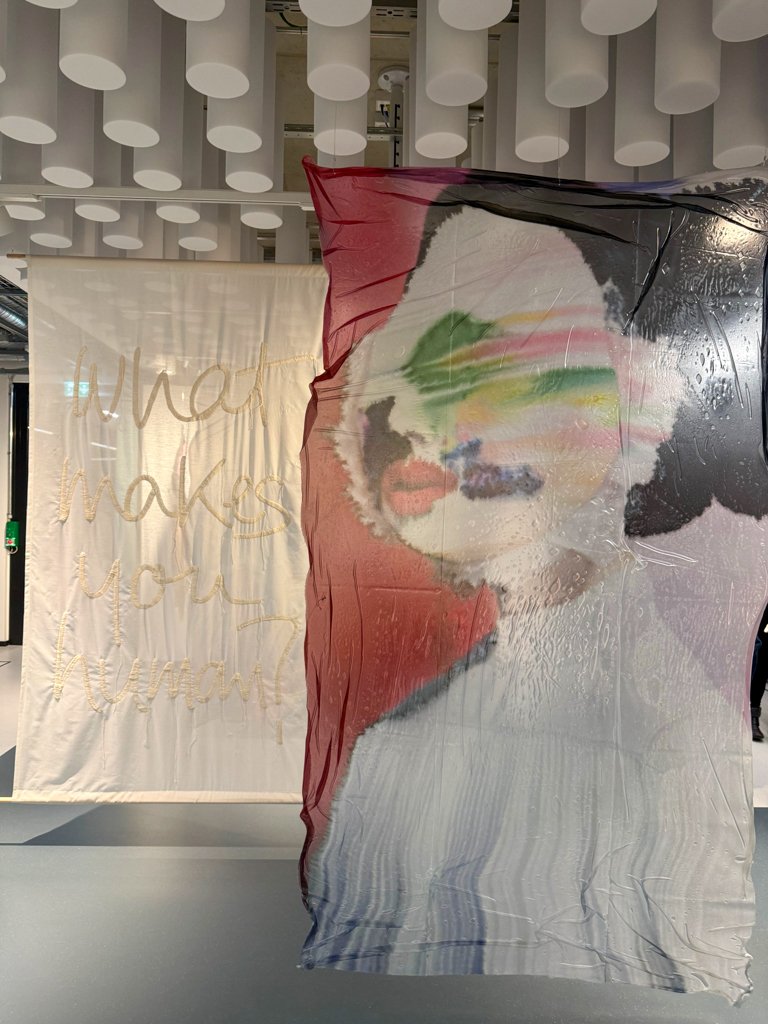 Installation with two fabric panels: front displays a blurred face painted in rainbow hues, rear panel features embroidered philosophical question "What makes you human?" in elegant cursive.
