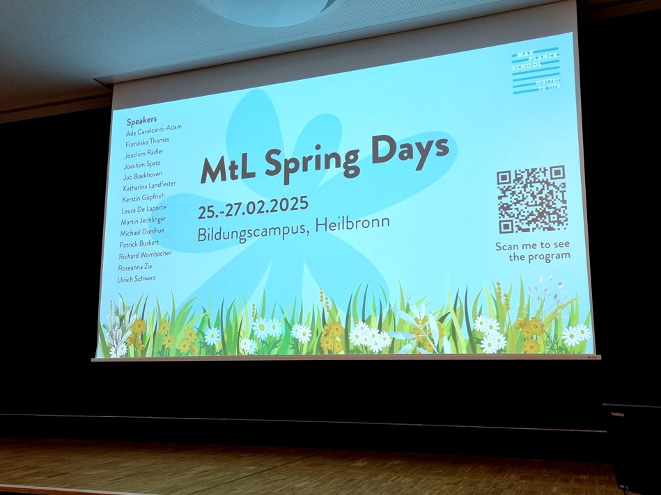 Presentation slide for MtL Spring Days at Heilbronn's Bildungscampus, listing speakers and event dates (25-27.02.2025), with QR code for program access.
