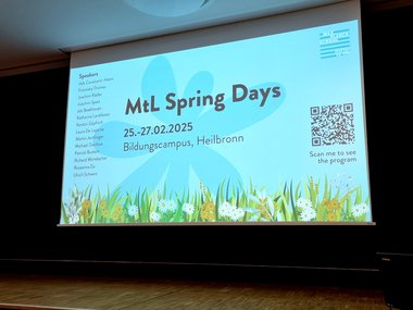 Presentation slide for MtL Spring Days at Heilbronn's Bildungscampus, listing speakers and event dates (25-27.02.2025), with QR code for program access.