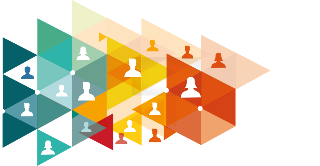 Vibrant triangular mosaic in shades of teal, red, orange, and yellow displaying human silhouettes connected by small white dots, symbolizing diversity and connection.