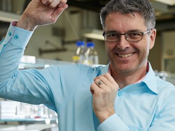 Thomas Scheibel is the Chair of Biomaterials at the Faculty of Engineering at the University of Bayreuth and the Director of the Bavarian Polymer Institute Matter to Life Fellow Thomas Scheibel, wearing a blue shirt, stands in a laboratory holding a thin, transparent thread between his fingers, surrounded by laboratory equipment.