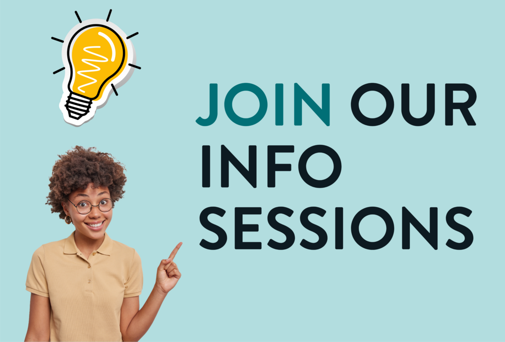 Smiling person with curly hair pointing upward next to the text 'Join our info sessions' and a glowing lightbulb illustration on a light blue background