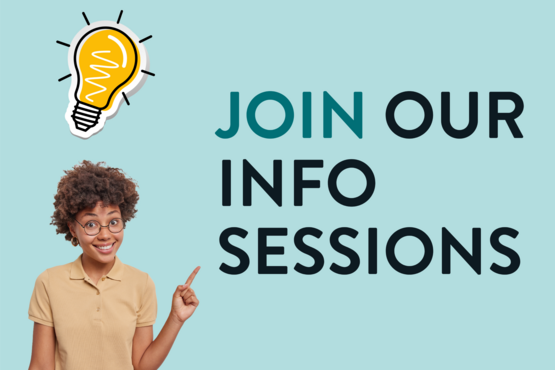 Smiling person with curly hair pointing upward next to the text 'Join our info sessions' and a glowing lightbulb illustration on a light blue background