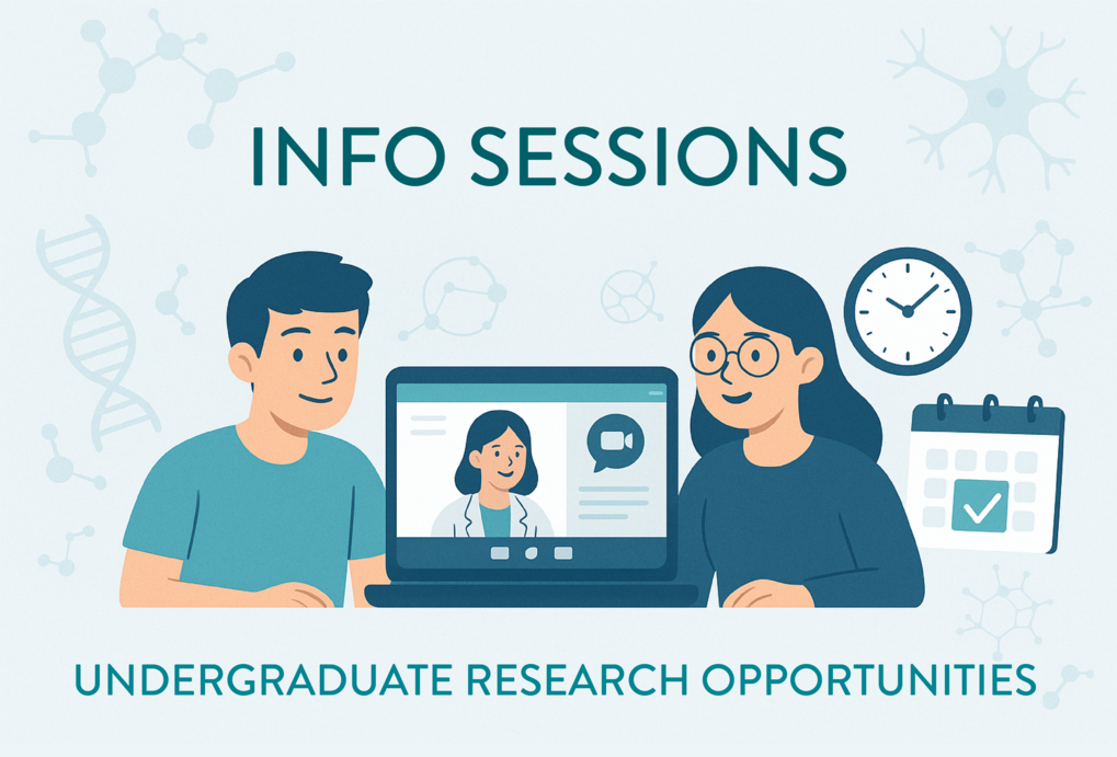 Illustration of two students sitting at a desk, watching a female scientist on a laptop screen during a virtual meeting. Text above reads “Info Sessions” and below reads “Undergraduate Research Opportunities.” Background includes science-themed icons like DNA, molecules, neurons, a clock, and a calendar with a checkmark.