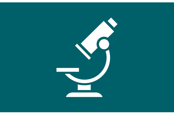 White microscope icon, dark turquoise background