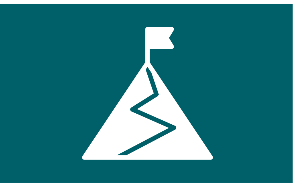 White icon showing a mountain with a flag on top, dark turquoise background