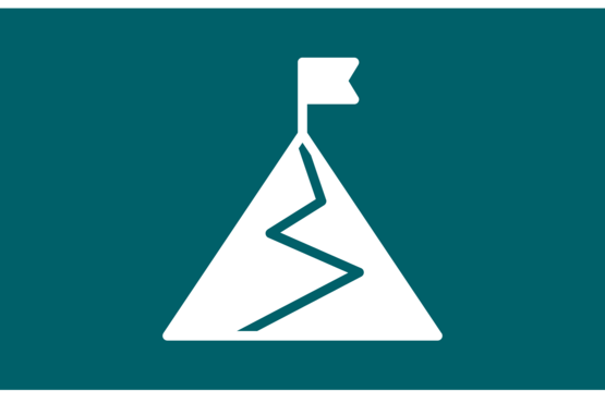 White icon showing a mountain with a flag on top, dark turquoise background
