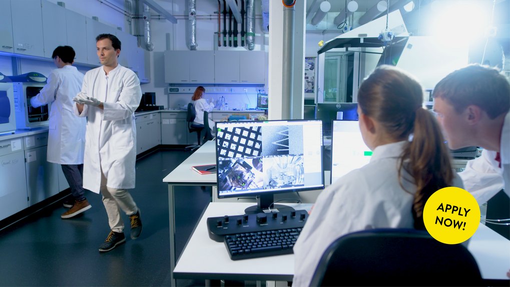
Matter to Life Students collaborating in a modern research lab using advanced scientific equipment for experimental work. In the lower right corner, there is a yellow button that says “Apply now.”
