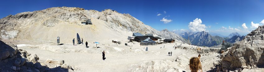 Science at New Heights: A Symposium at Germany’s Highest Peak Panorama of a rocky alpine area with visitors walking near a mountain hut and distant peaks in view.