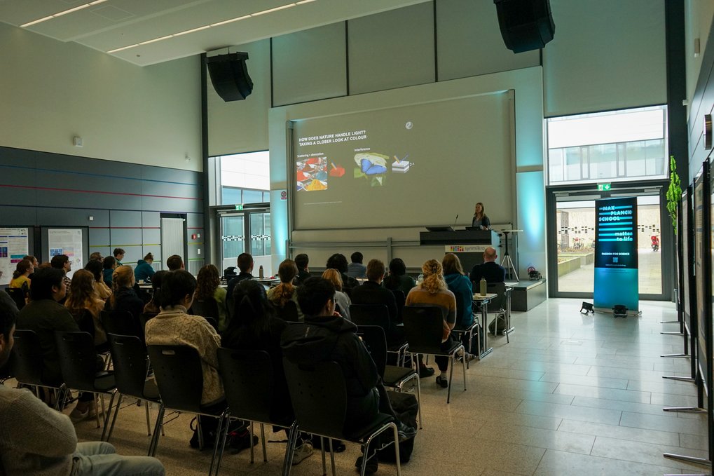 Attendees in a conference room focused on a presentation on a large screen.