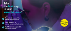 Young female scientist looking through a microscope with promotional text about starting a scientific career, including research opportunities, global scientist network, full financial support, and a yellow 'Click here to apply!' button.