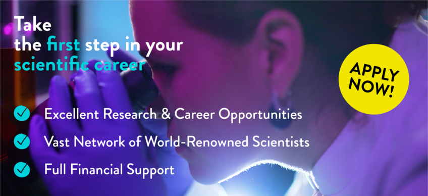 Young female scientist looking through a microscope with promotional text about starting a scientific career, including research opportunities, global scientist network, full financial support, and a yellow 'Apply now!' button.