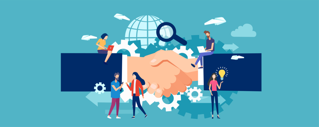 Two hands shaking in the center surrounded by gears, a globe, and individuals using laptops and holding a light bulb, symbolizing teamwork and global collaboration.