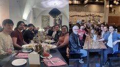 Two groups enjoying meals at different tables in a restaurant, with various dishes, drinks, and table settings visible, under ambient lighting.