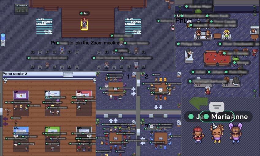 The Spring Days took place on Gather.town, a virtual event space customized by the coordination team. Online conference platform showcasing an auditorium, multiple booths for poster sessions, and areas for social interaction, with avatars representing attendees.