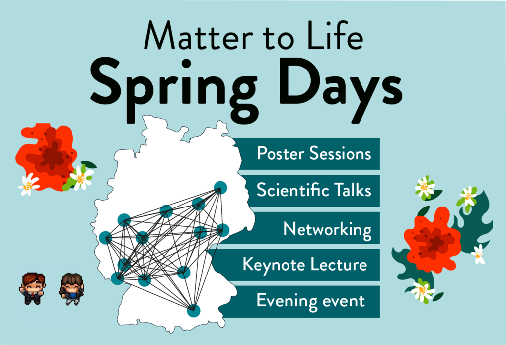 Matter to Life Spring Days promotional image showing Germany with network lines, listing event activities: Poster Sessions, Scientific Talks, Networking, Keynote Lecture, Evening Event.