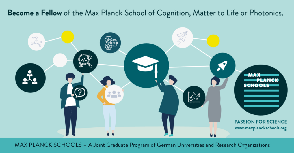 The image promotes becoming a Fellow at Max Planck Schools, showcasing various educational icons like a graduation cap and scientific symbols, with figures engaging with these elements.