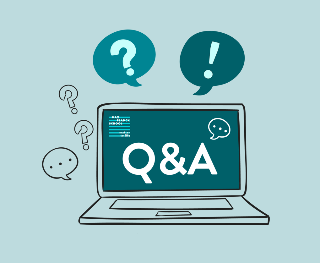 Illustration featuring a laptop screen showing "Q&A," surrounded by speech bubbles containing question and exclamation marks, with the Max Planck School logo.